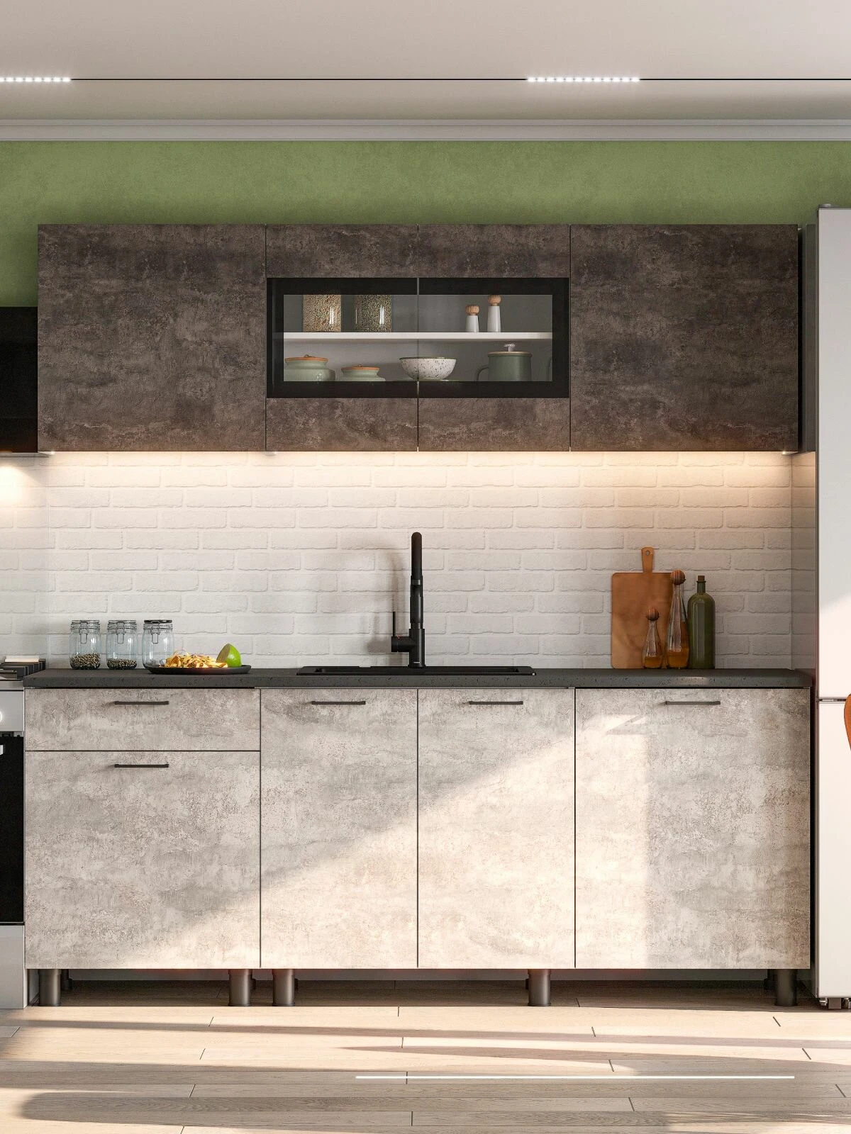 ARNIKA Кухонный гарнитур "КГ 9" (2,0м) Белый/Цемент темный/Цемент светлый/Черный, 60х200х214 см