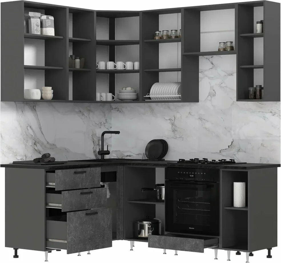 Кухня угловая "Эталон Рио",1,6* 2.00 м (900) компановка №2, столешница кастилло. Бетон светлый/бетон темный , ЛДСП